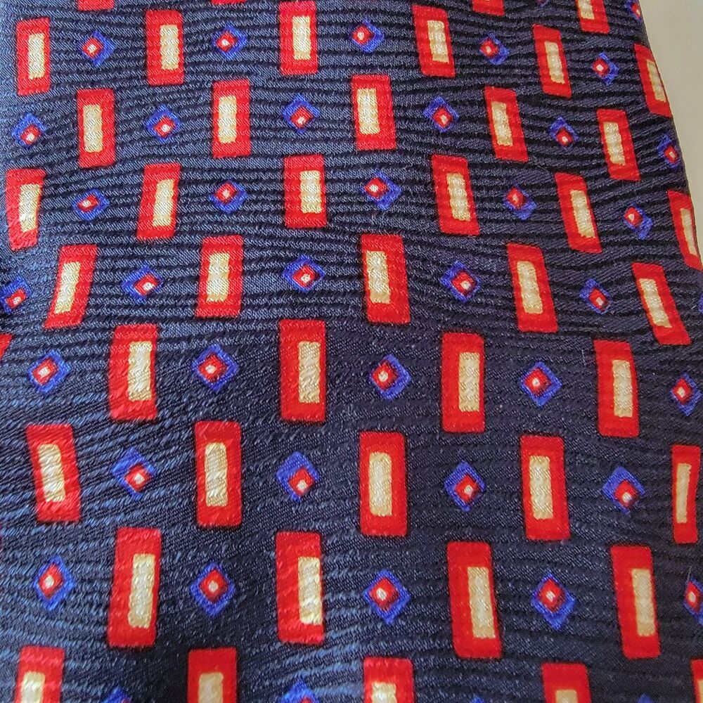 Fossil Tie Dark Navy w/Red & White Squares - 100% Imported Silk